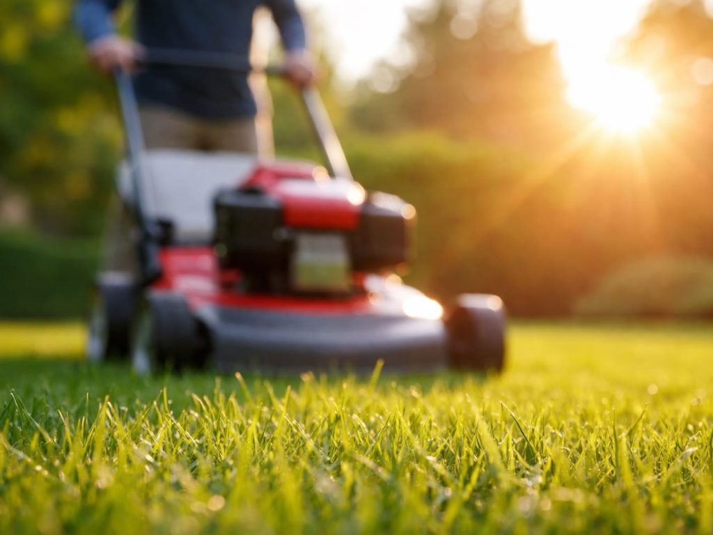 man mowing lawn with Huskee push mower