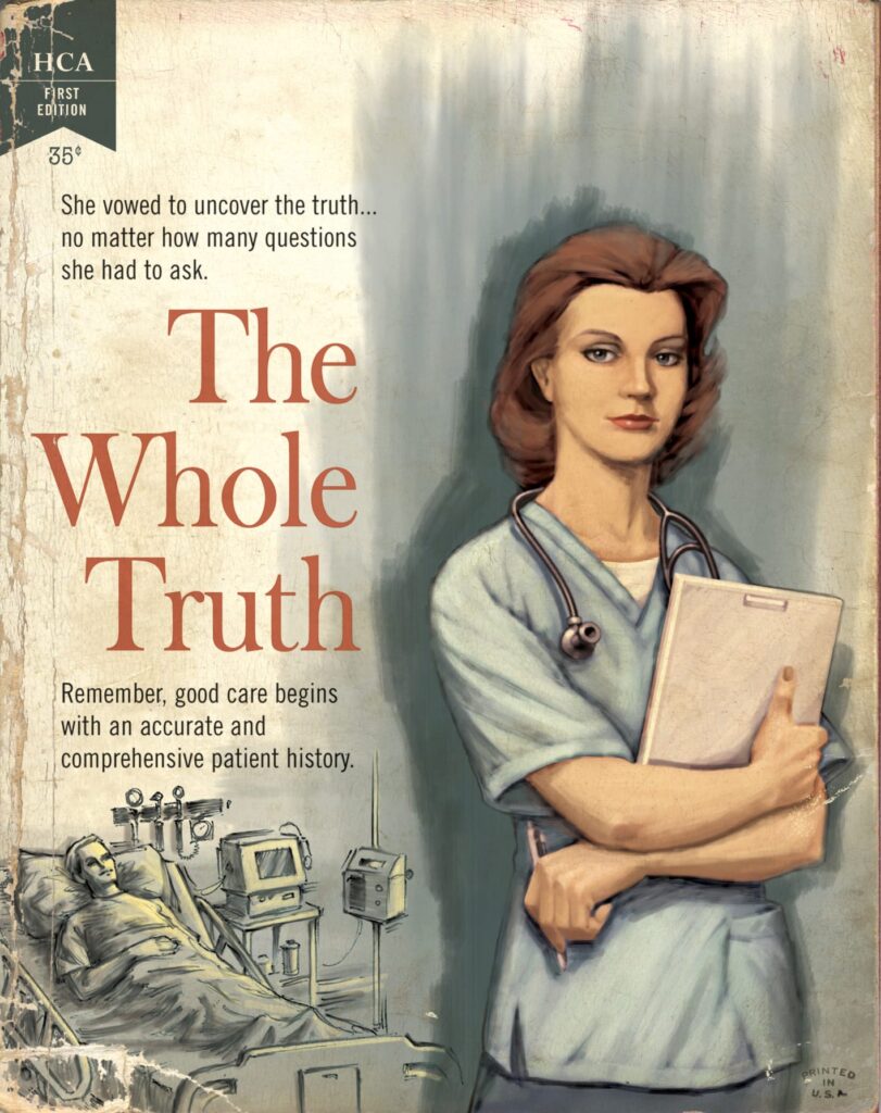 color illustration of a woman holding a medical chart on an HCA poster