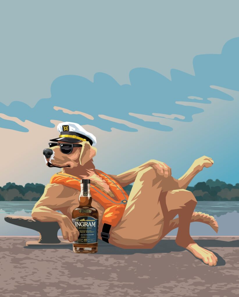 "No Bark No Bite" digital illustration of dog relaxing with Ingram whiskey