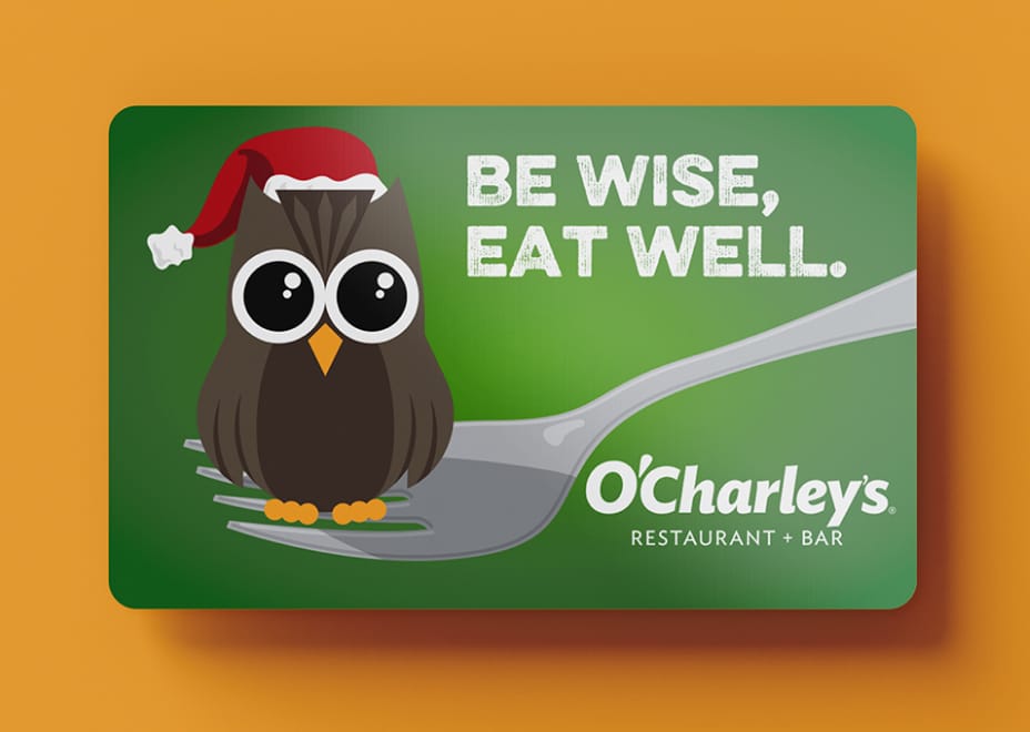 O'Charley's holiday gift card with owl in Santa hat