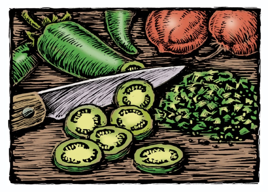 woodcut illustration of chopped vegetables