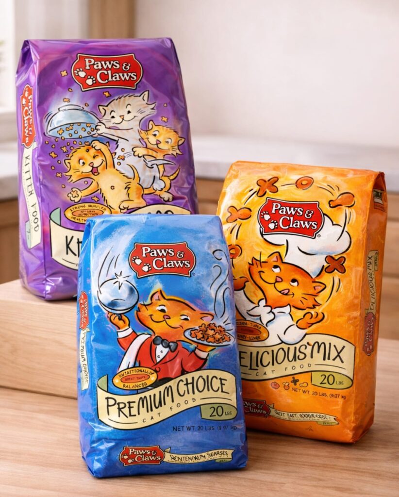 Paws & Claws packaging with illustrated cats