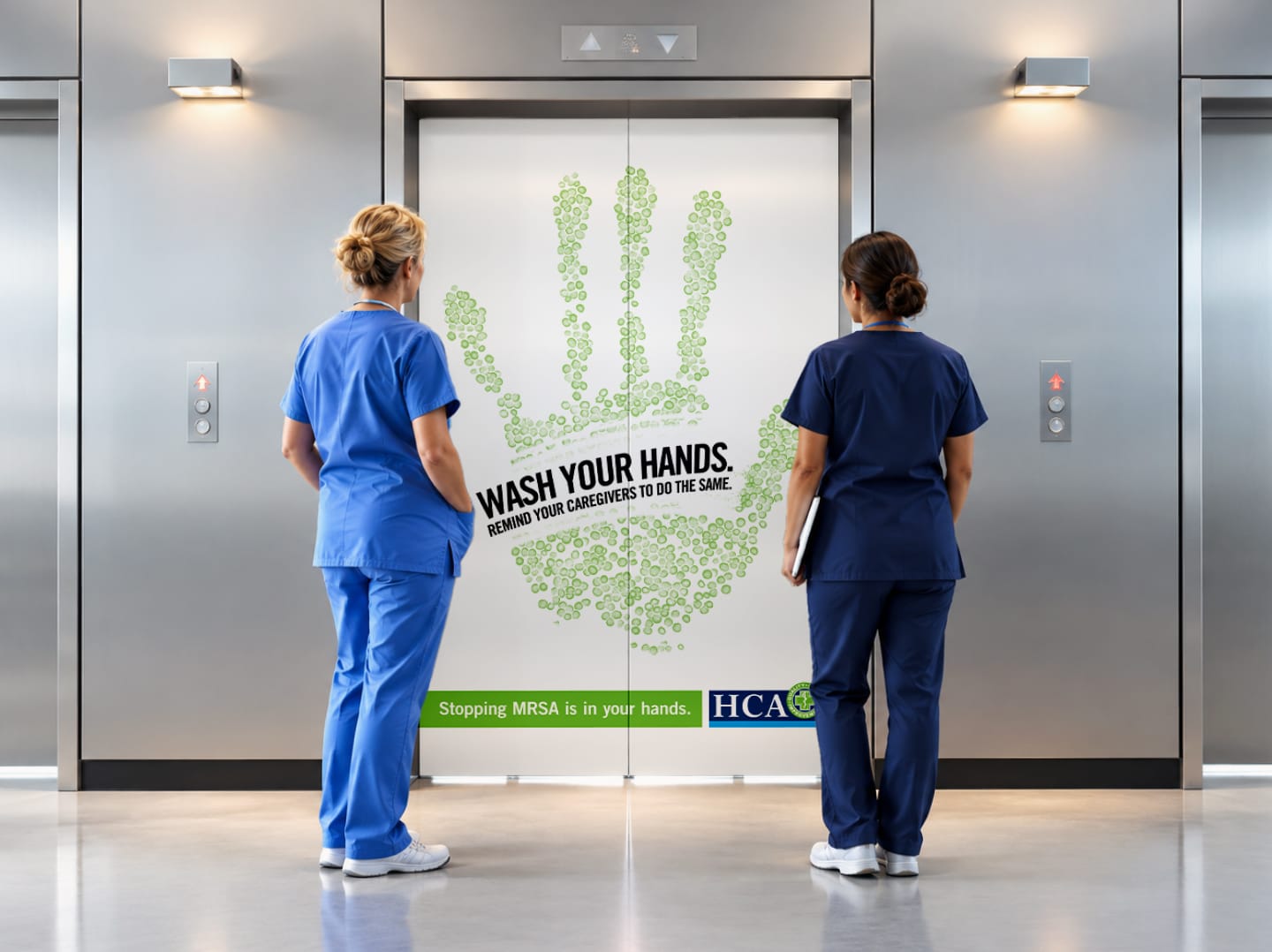 MRSA campaign graphics on elevator door